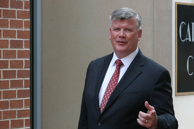 Kevin Downing, attorney for former Trump campaign manager Paul Manafort walks away during a break in a motion hearing on Monday in Alexandria, Virginia.